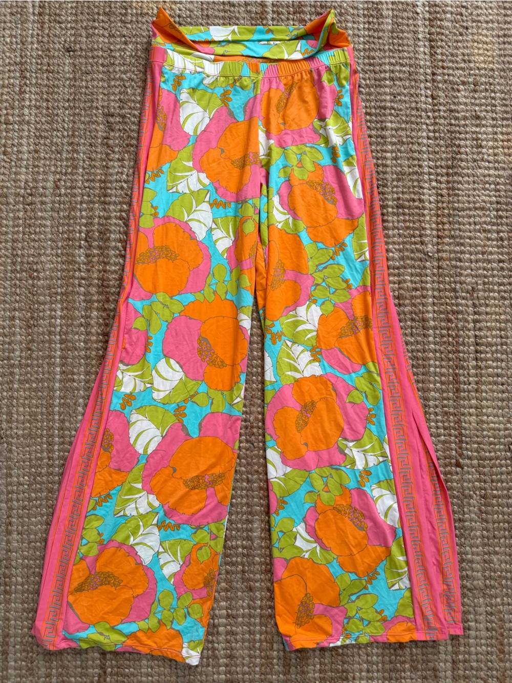 Trina Turk Floral Side Slit Resort Pants Medium Colorful Wide Leg Beach